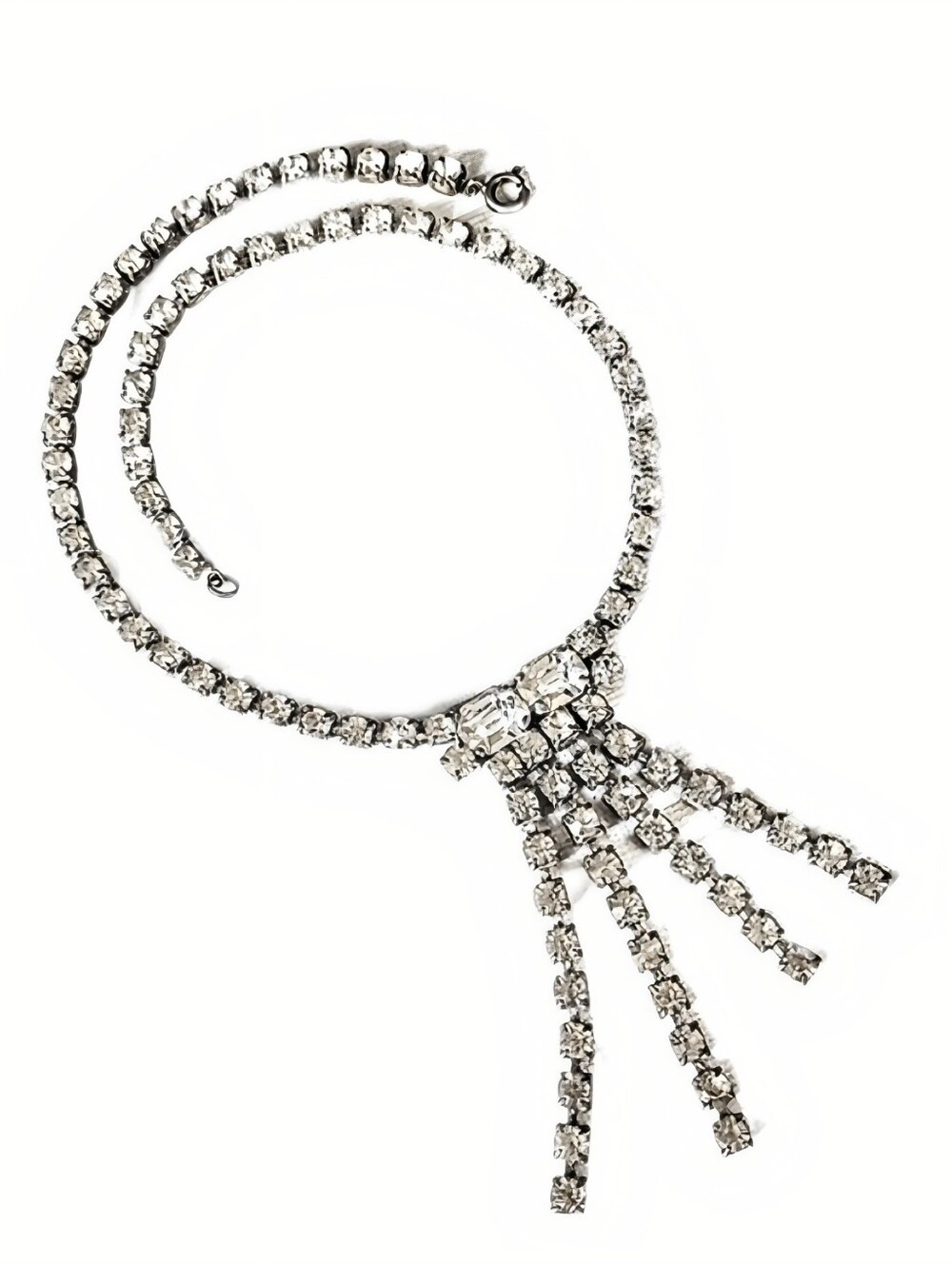 💎 Vintage CZECHO Signed Clear Rhinestone Iced High End Dangle Tassel Necklace